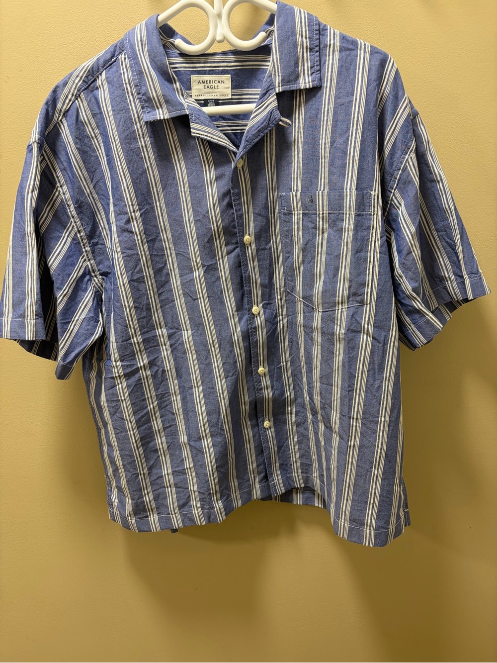 American Eagle Outfitters Blue Striped Short-Sleeve Button-Up Shirt